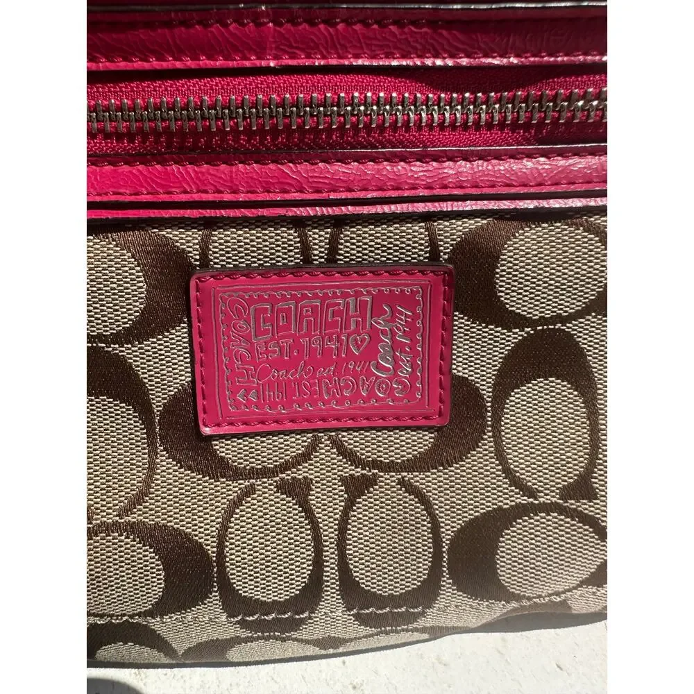 Coach Signature Khaki Pink Jacquard Swingpack Crossbody Bag Heart Charm